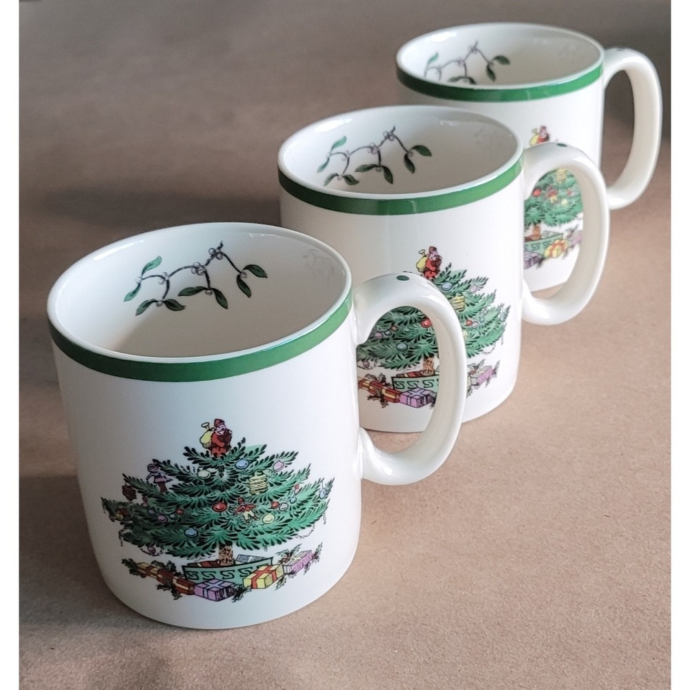 Spode Christmas‎ Tree Mug Set of 3 White Green Ceramic Holiday Pattern 3 1/4 x 3